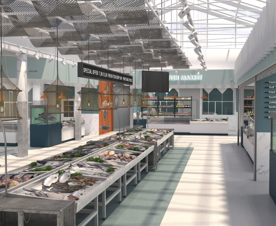 The interior of the shop fresh fish and seafood. 3D render. Design project of the fish market.