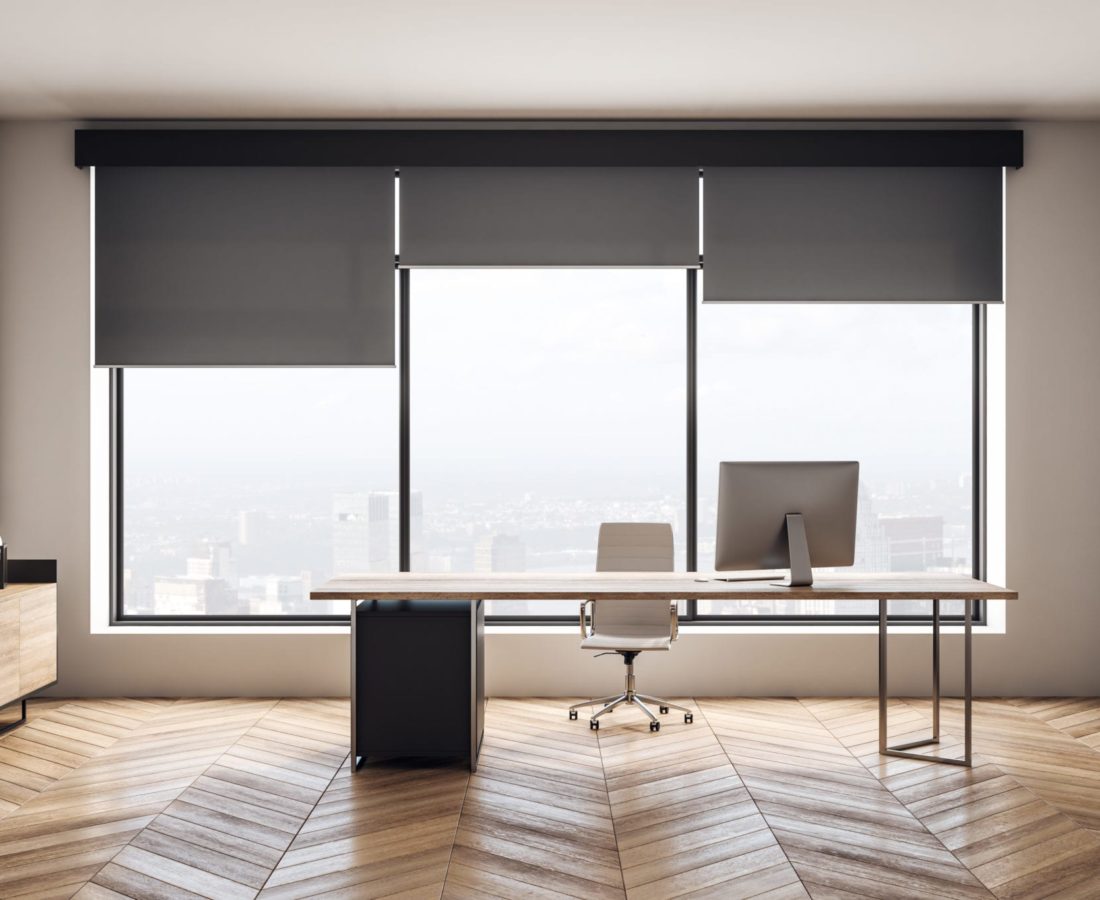 Modern wooden office interior with furniture and city view. 3D Rendering
